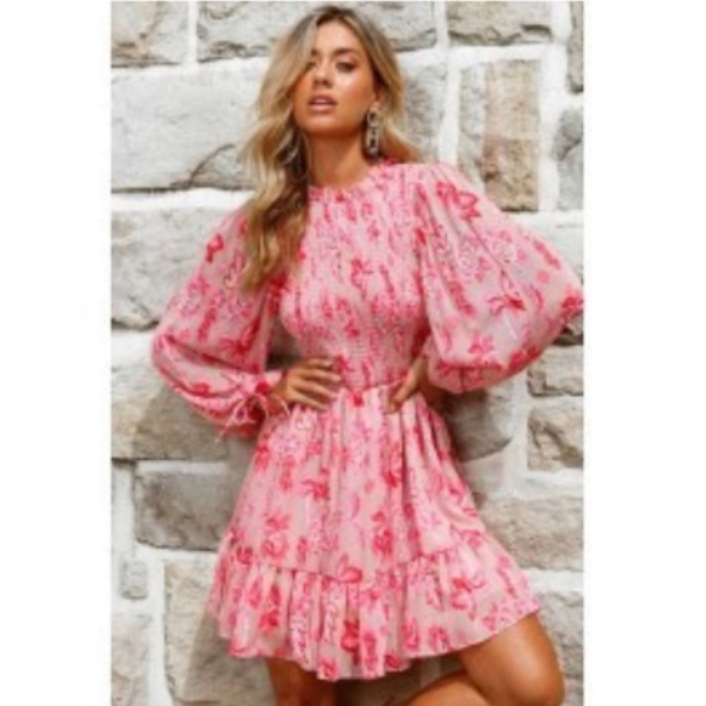 Marja Long Balloon Sleeve Shirred Dress Floral Print Pink